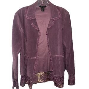 Womens Small Boho Leather Suede Crochet Open Front Cardigan Jacket Size M D33
